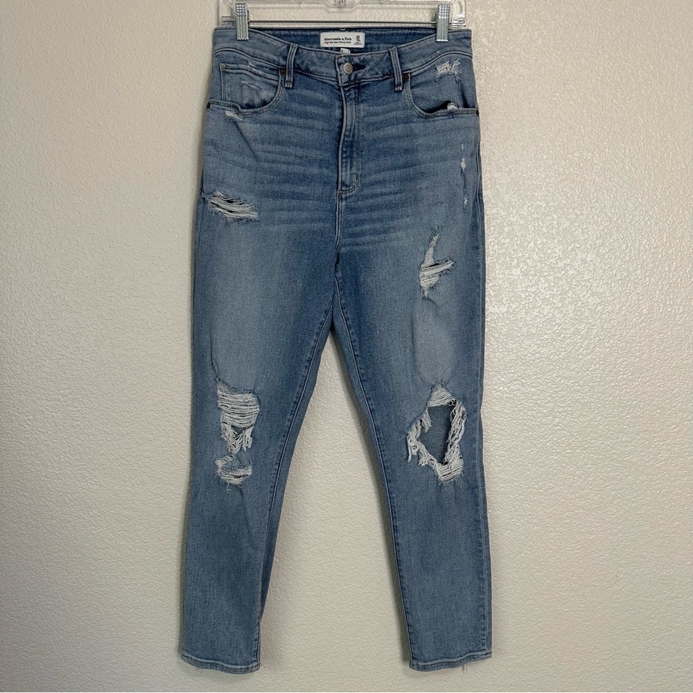 Abercrombie & Fitch High Rise Super Skinny Ankle Blue Distressed Jeans, Size 10